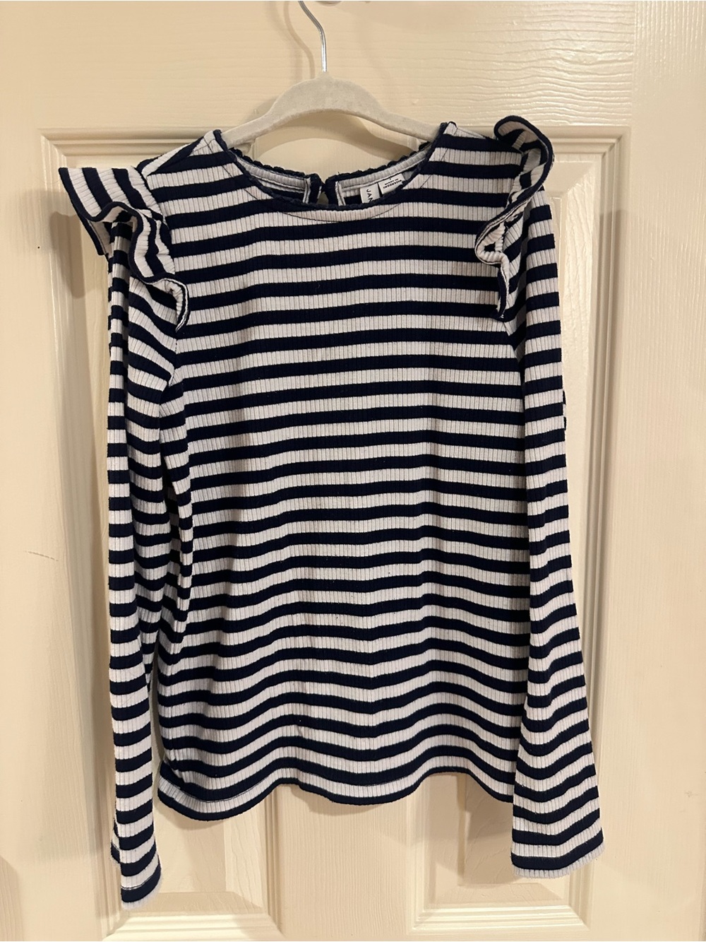 Janie and Jack Navy & White Striped Long-Sleeve Ruffle Top